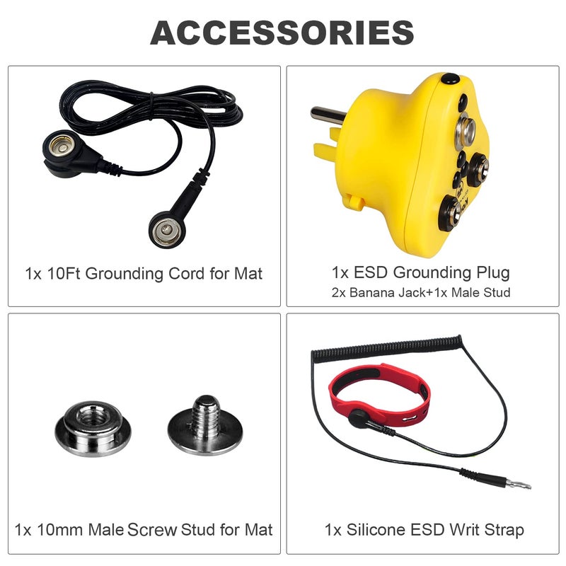 KooMall 4 in 1, Ground Kit- Anti Static Wrist Strap, ESD Plug, Screw Stud & 10ft Grounding Cord with 2 Banana Jacks for Antistatic Bench Table Floor Mat, Ground by Outlet Socket Silicone Wristband - Image 3